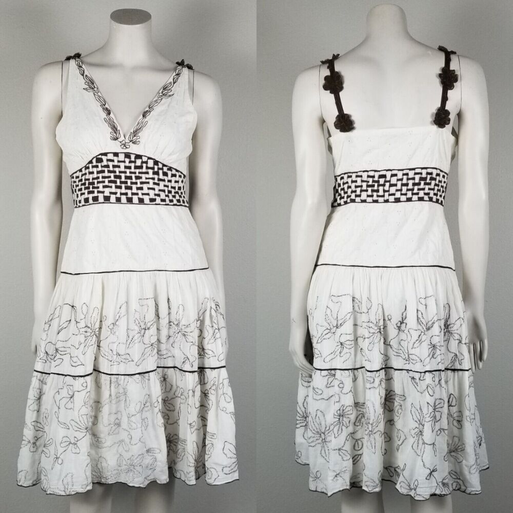 Adolfo Dominguez White Tiered Floral Embroidered Cotton Midi Sun Dress Size 40